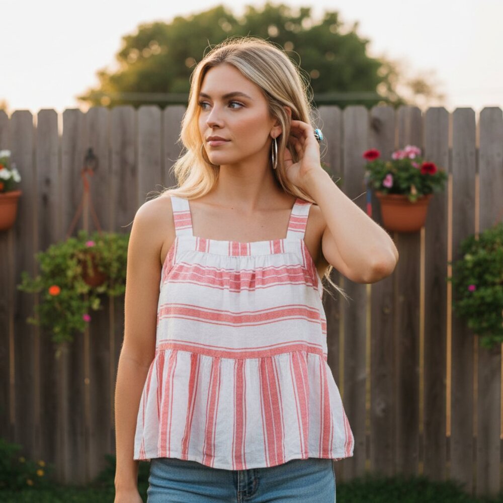 NEW Loft S Pink‎ White Tiered Cami Tank Top Babydoll Boho Chic Coastal Casual